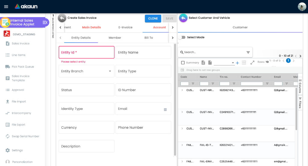 Entity Selection Drawer mapping Customer details