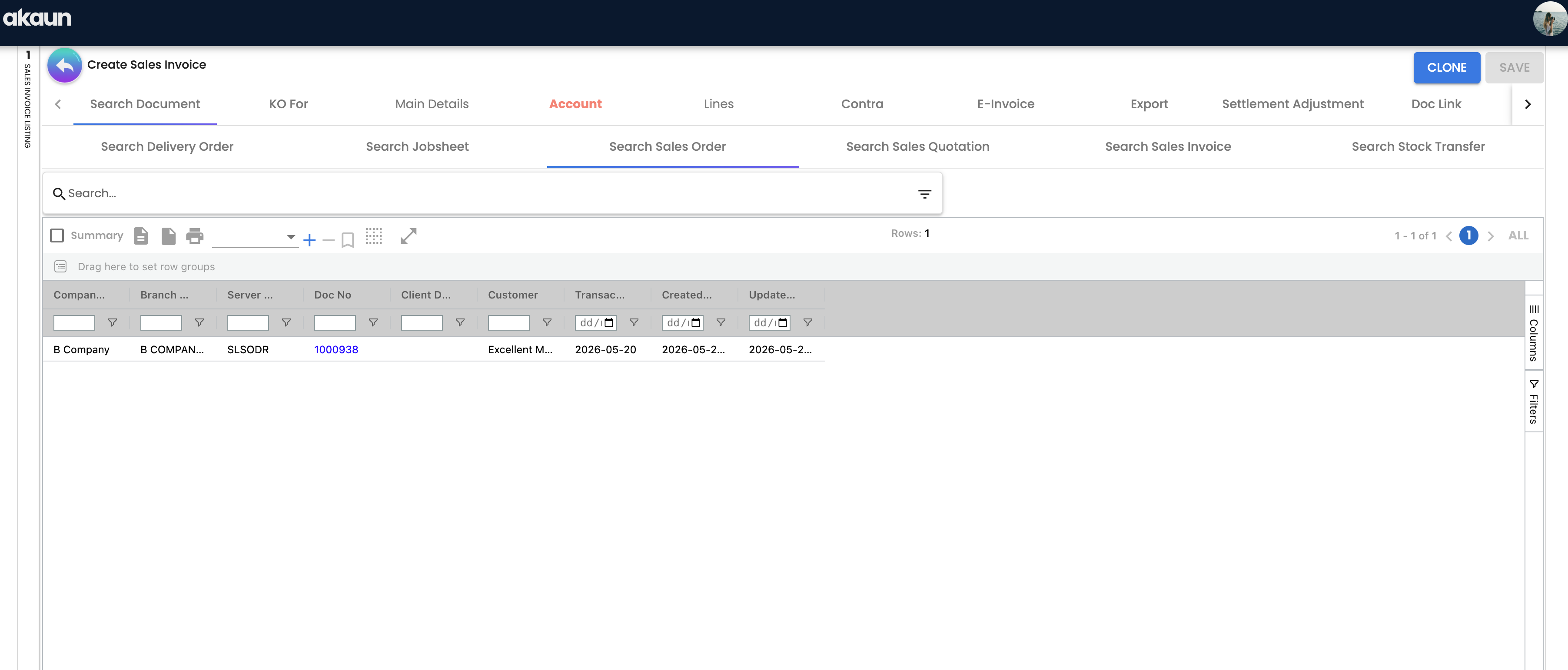 KO For — Search Sales Order