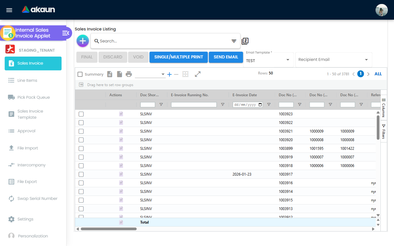 Internal Sales Invoice Main Listing