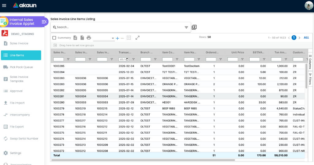 Line Reports Listing Data Grid