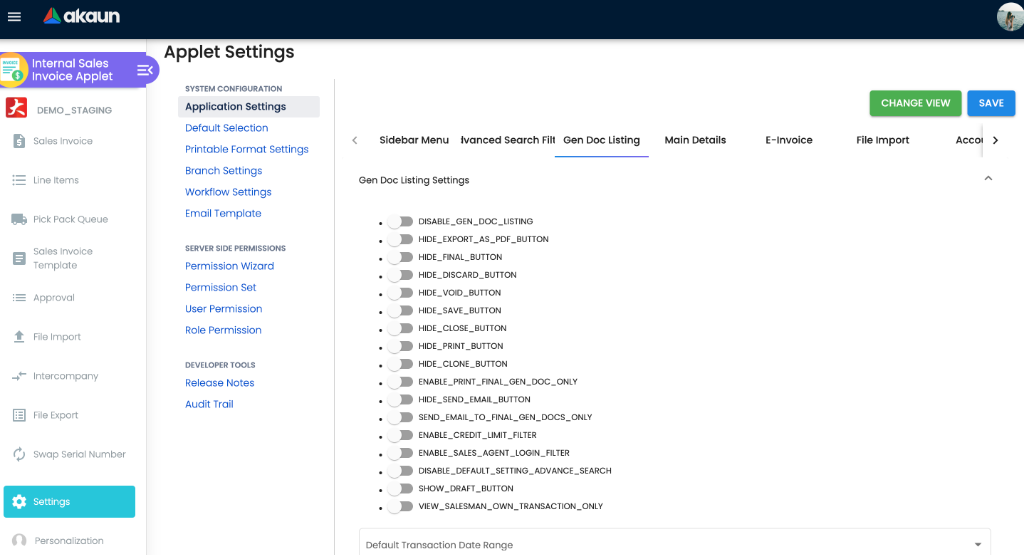 Applet Settings - Gen Doc Listing toggles