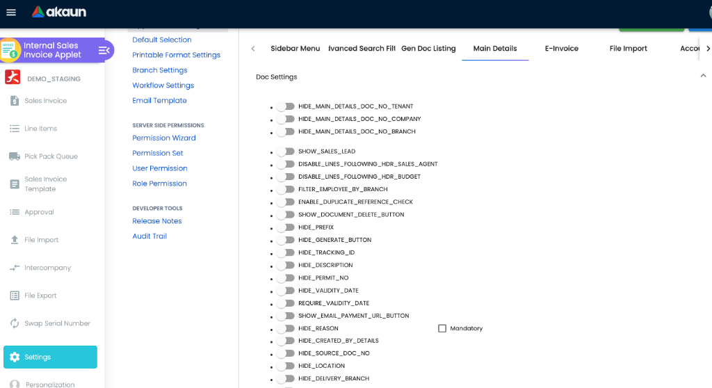 Applet Settings - Main Details toggles