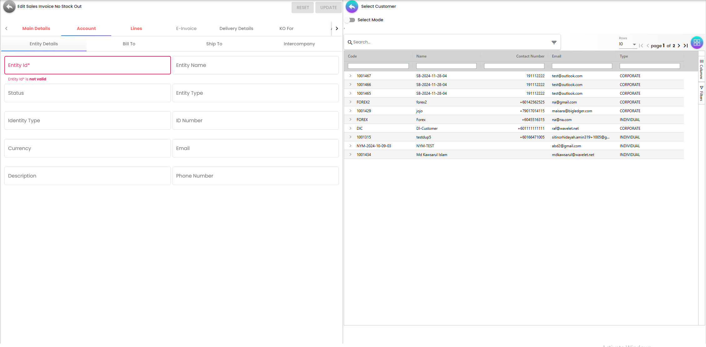 Account Tab - managing debtor entity details and billing address