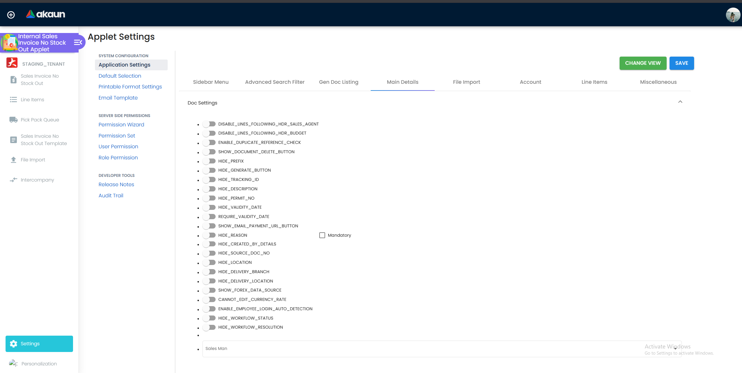 Application Settings - field-level and tab-level visibility toggles