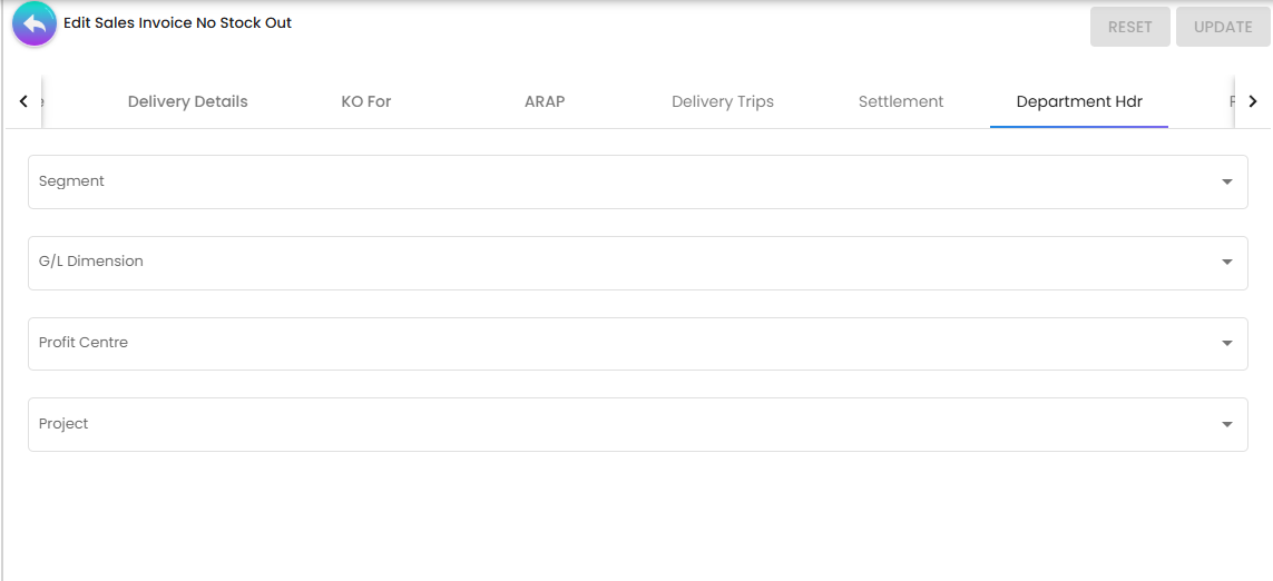 Department Hdr Tab - internal cost center allocation