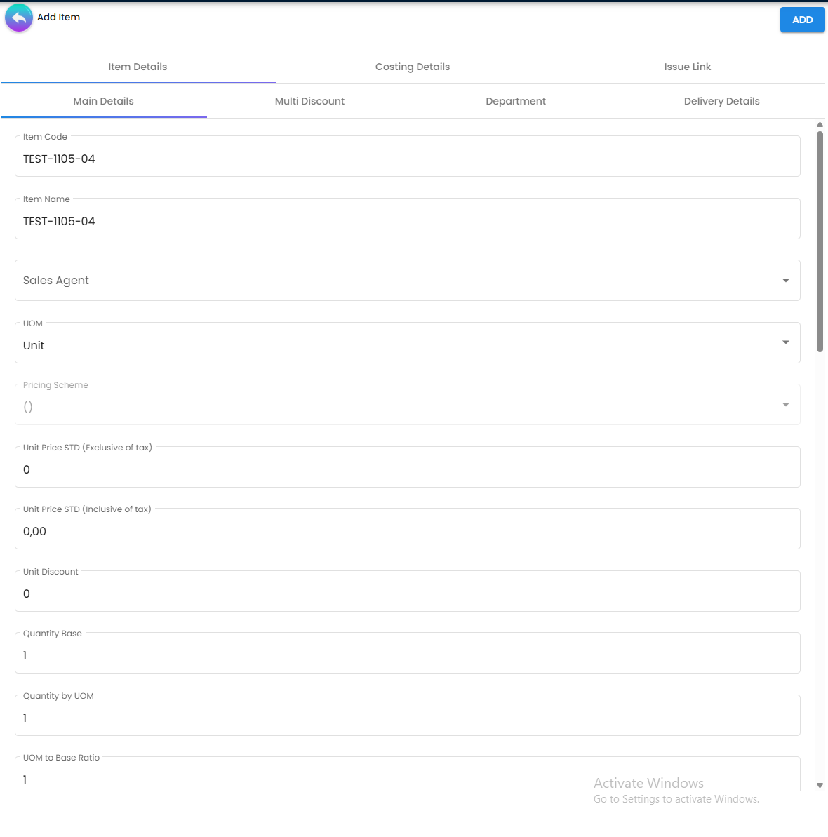Item Details Sub-tab - specific line item configuration for pricing and taxes
