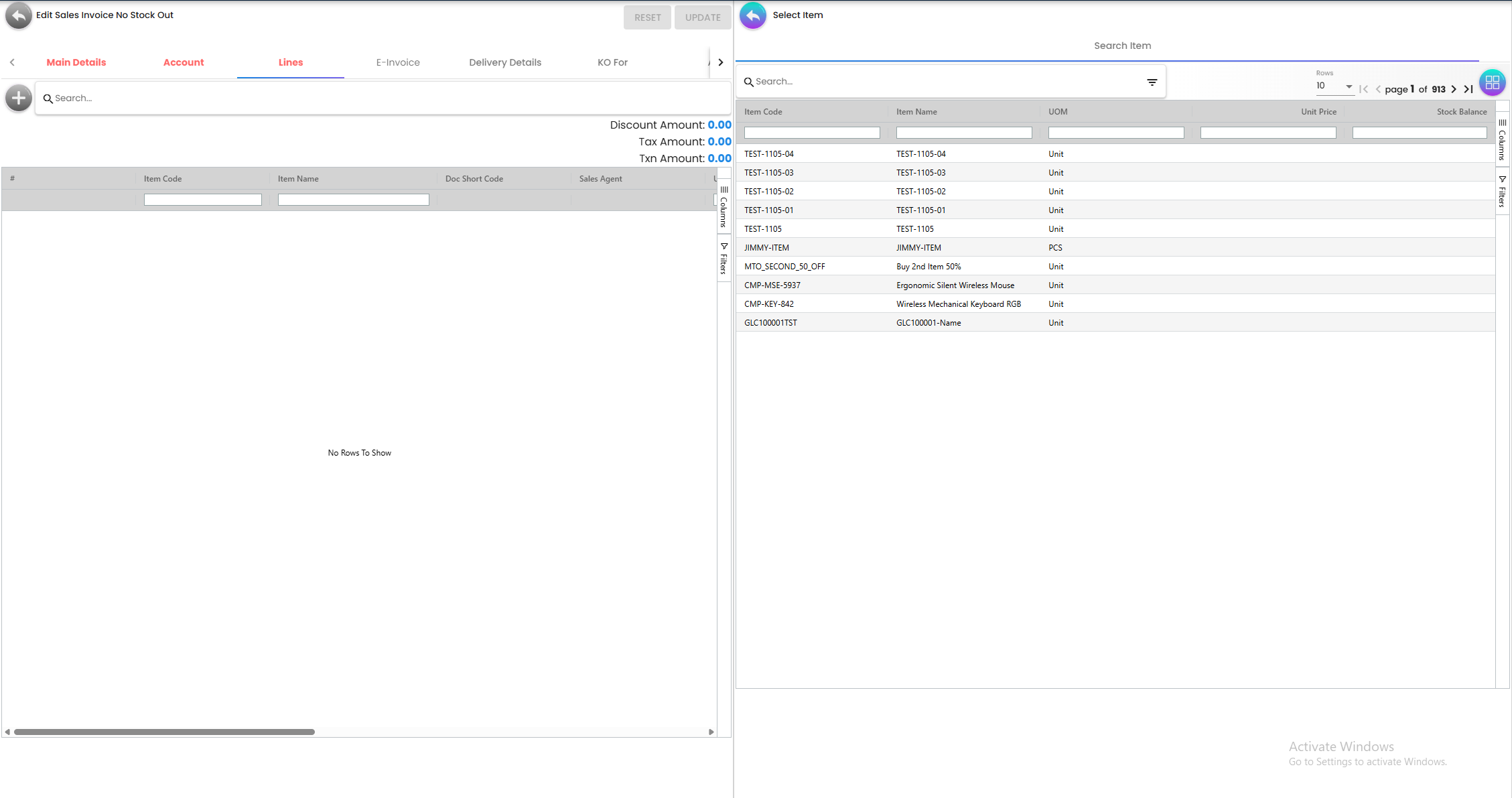 Lines Tab - detailed list of services, fees, and charges