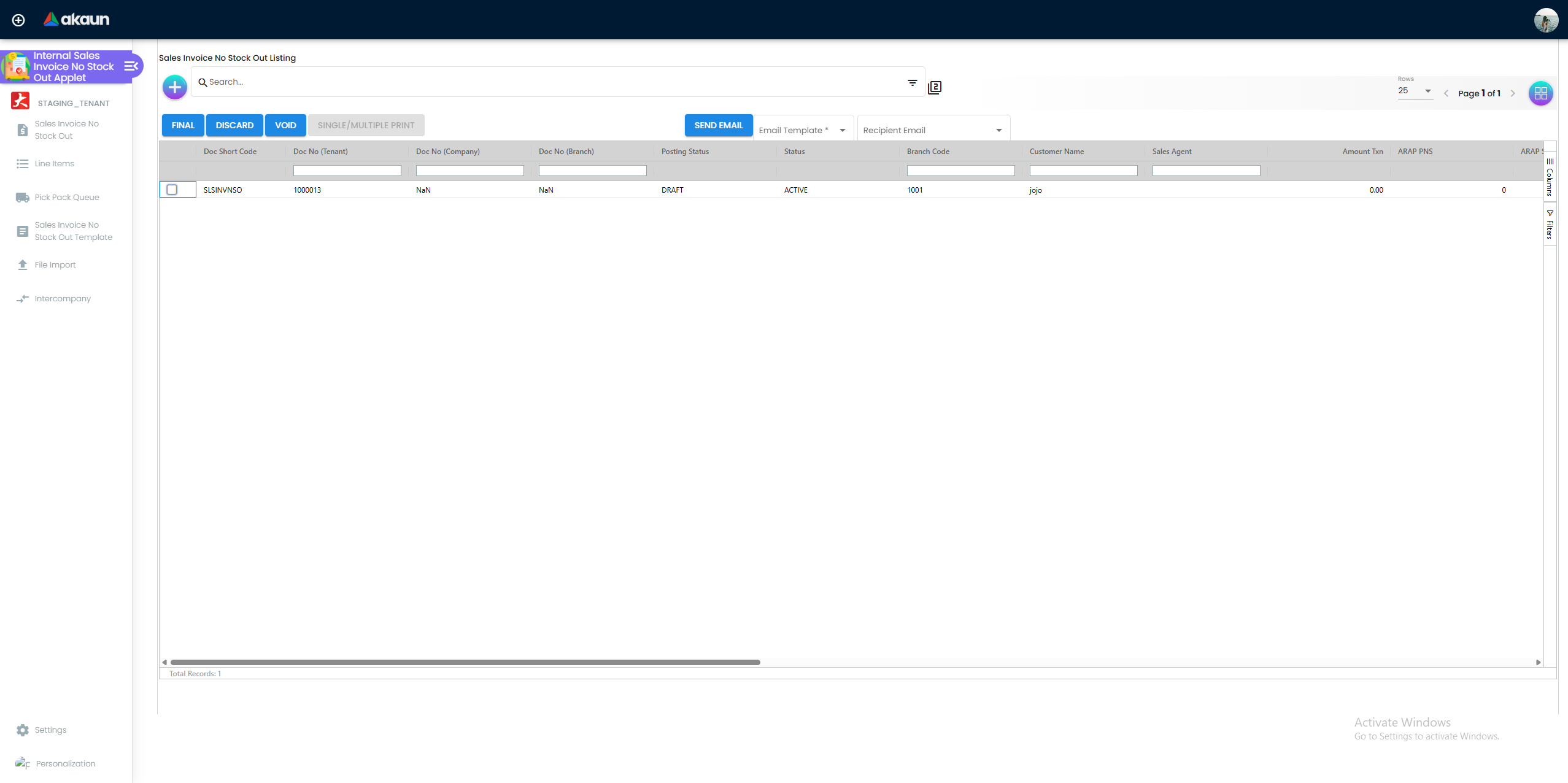 Sales Invoice Listing - central dashboard for tracking all non-inventory financial documents