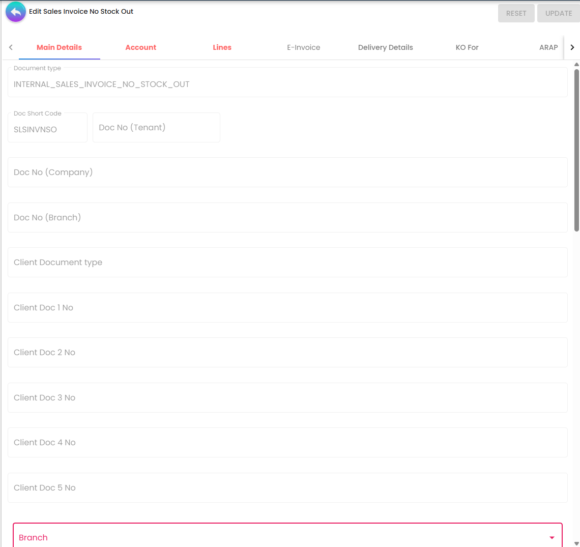 Main Details Tab (Section 1) - branch, location, and staff assignments