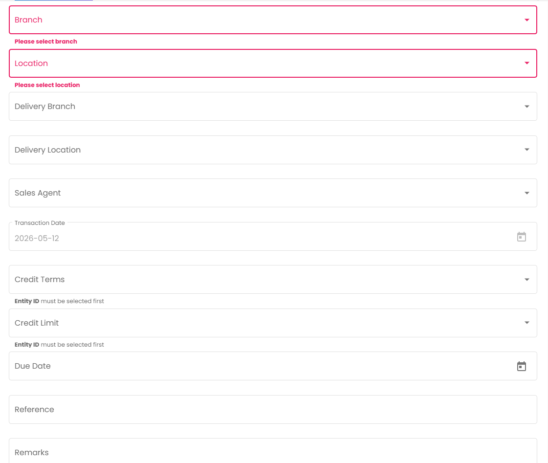 Main Details Tab (Section 2) - currency, terms, and regulatory permit fields