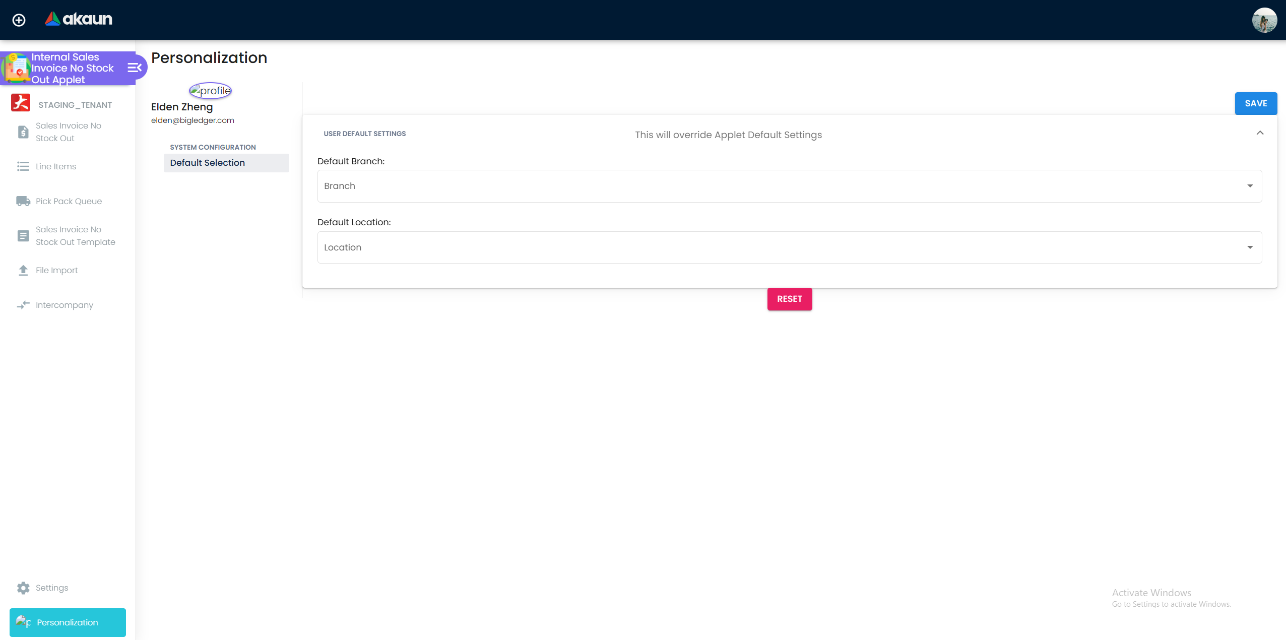 Personal Default Selection - per-user defaults for Branch and Location