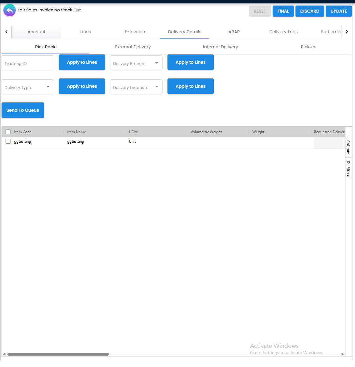 Pick Pack Sub-tab - staging delivery logistics even without inventory movement