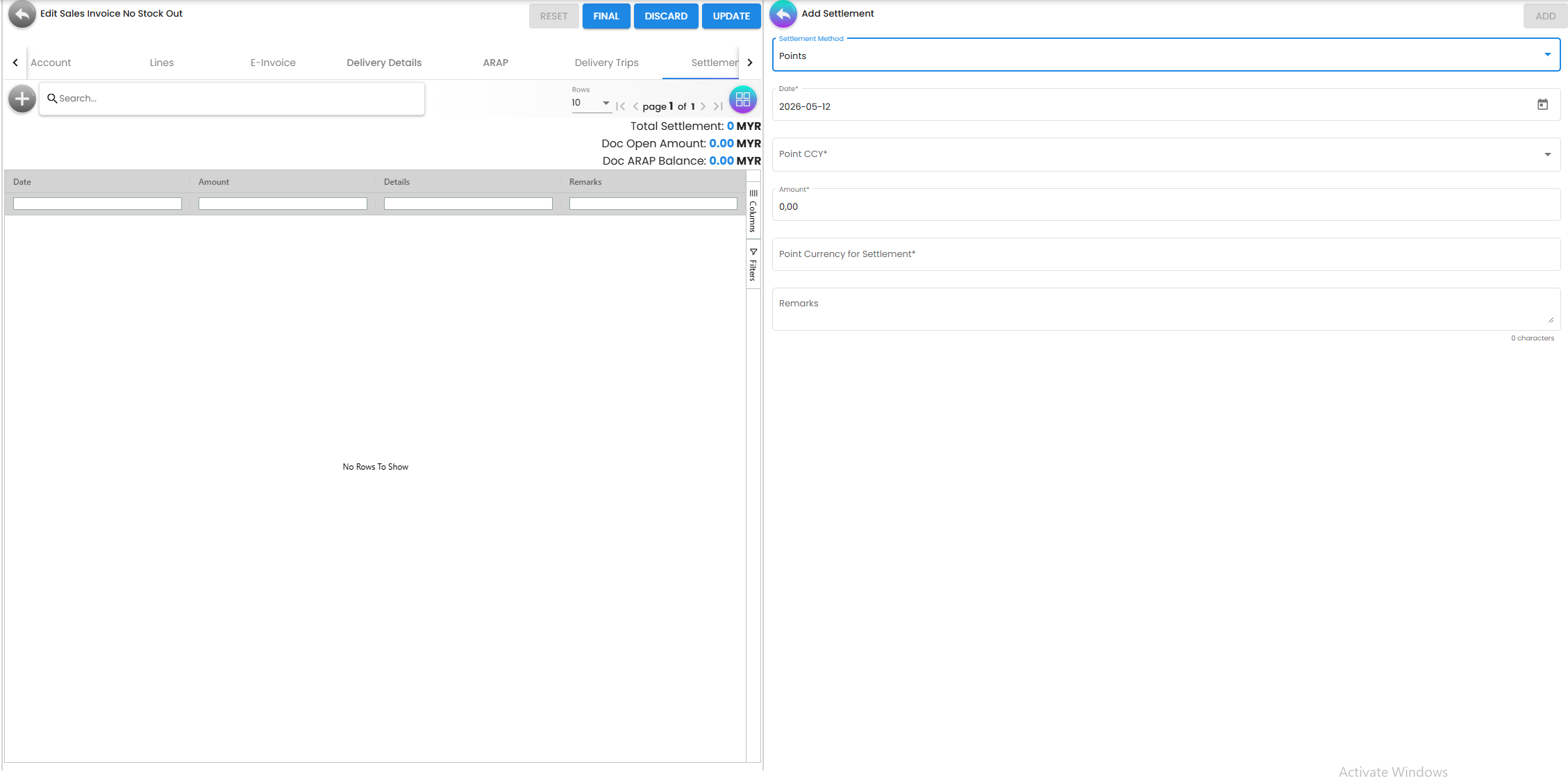 Settlement Tab - recording partial payments and deposits