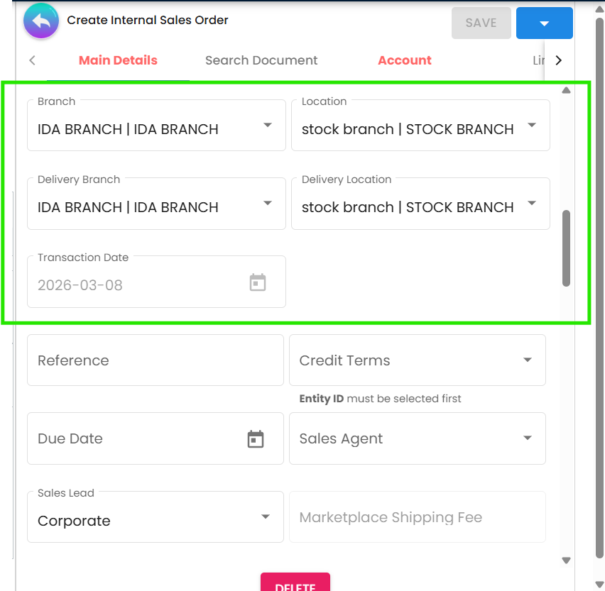 Branch 下拉、Location 与 Transaction Date