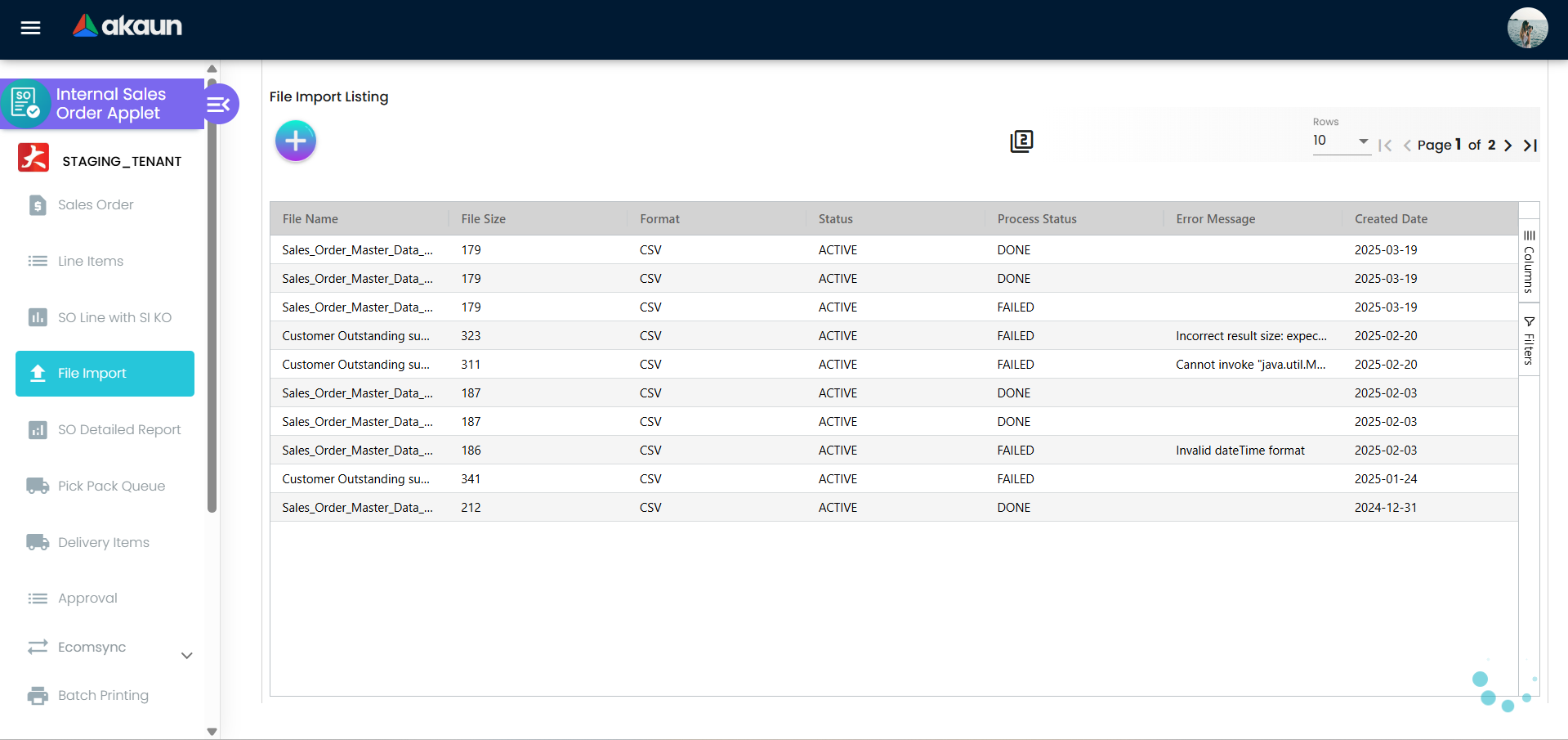 File Import 页面（CSV 上传与分隔符）