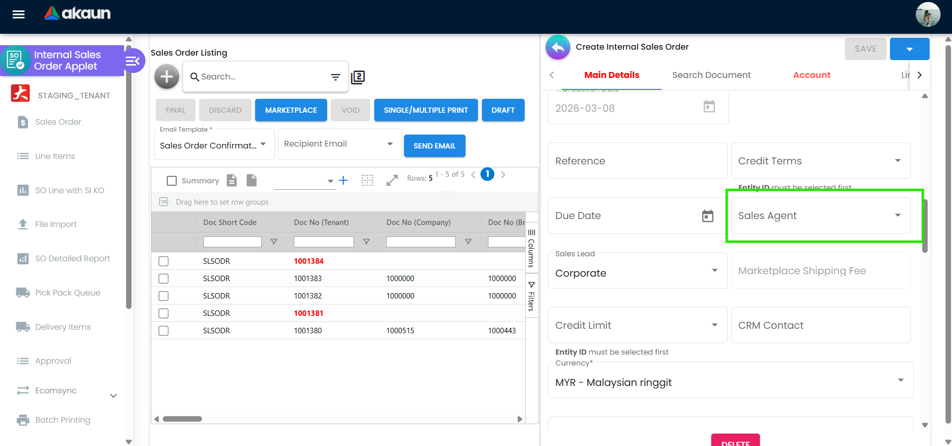 Sales Agent 字段（可下拉选择或从 Entity 自动带出）