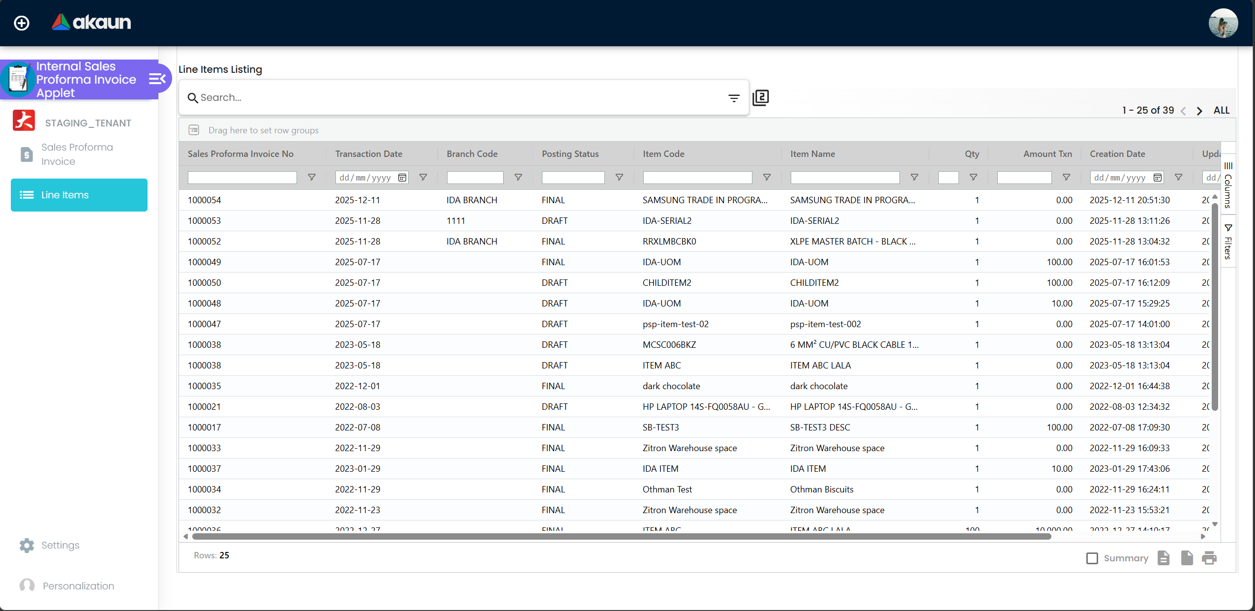 Line Item Listing View