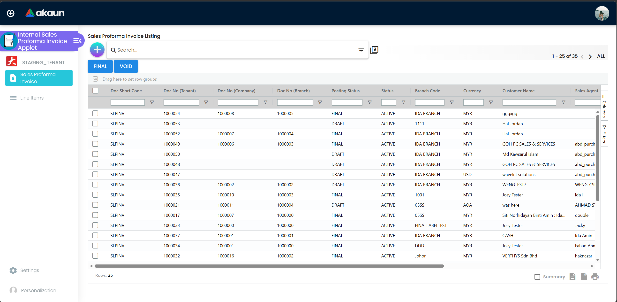 Sales Proforma Invoice (Internal) Main Listing