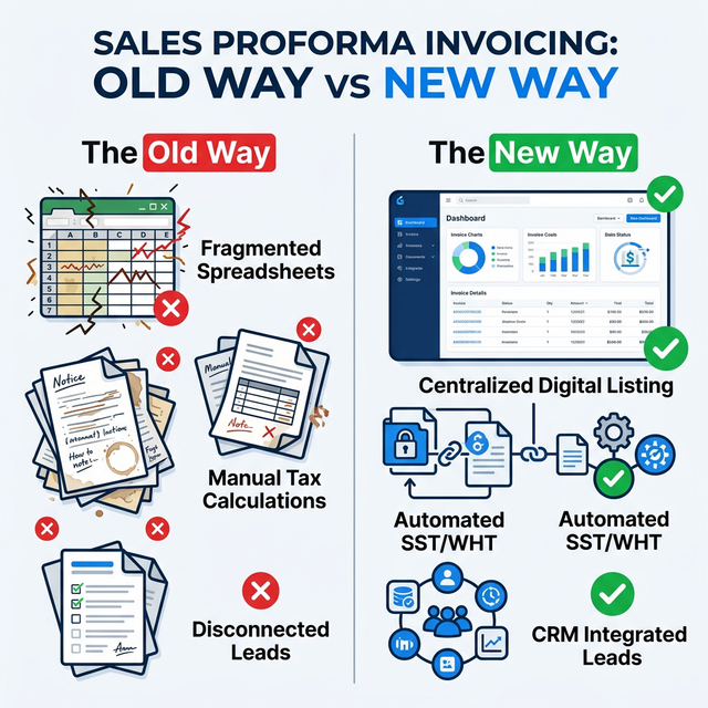 From Manual Sheets to Digital Proformas: The Old Way (spreadsheets, missing leads, tax errors) vs The New Way (centralized, automated, project-linked).