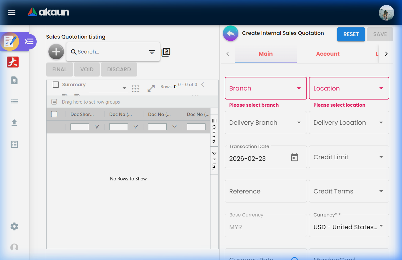 Create quotation form showing header fields