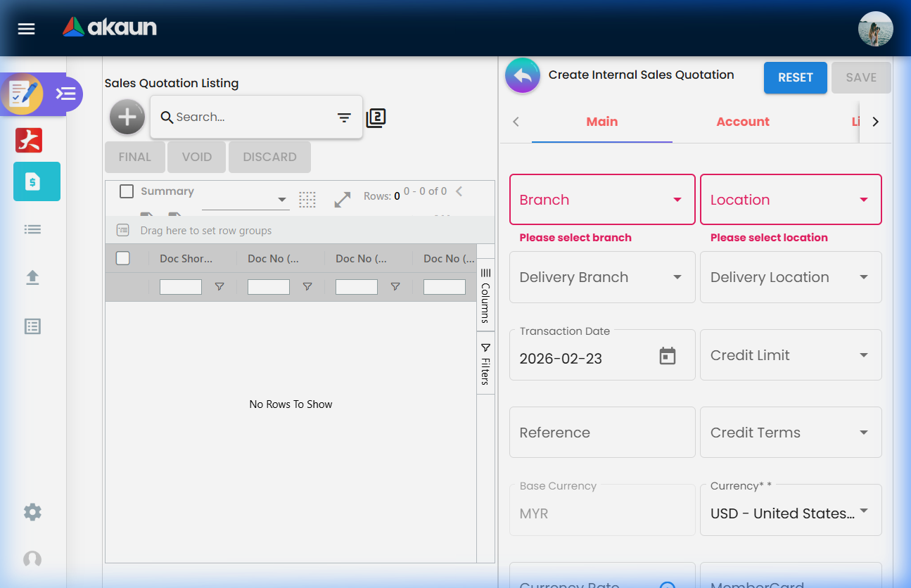 Create lines tab showing item selection