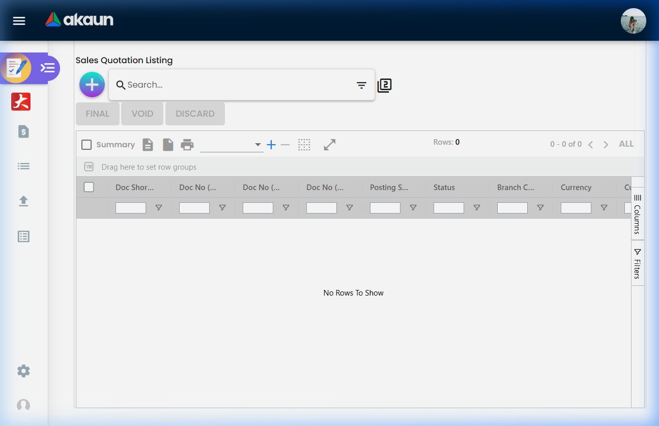 Sales Quotation (Internal) main listing page showing all quotations