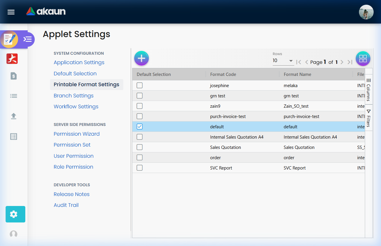 Quote templates settings page showing printable formats