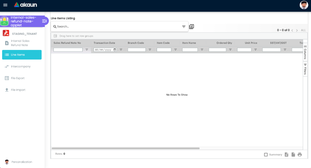 Line Items Workspace Interface - showing cross-document line listing grid