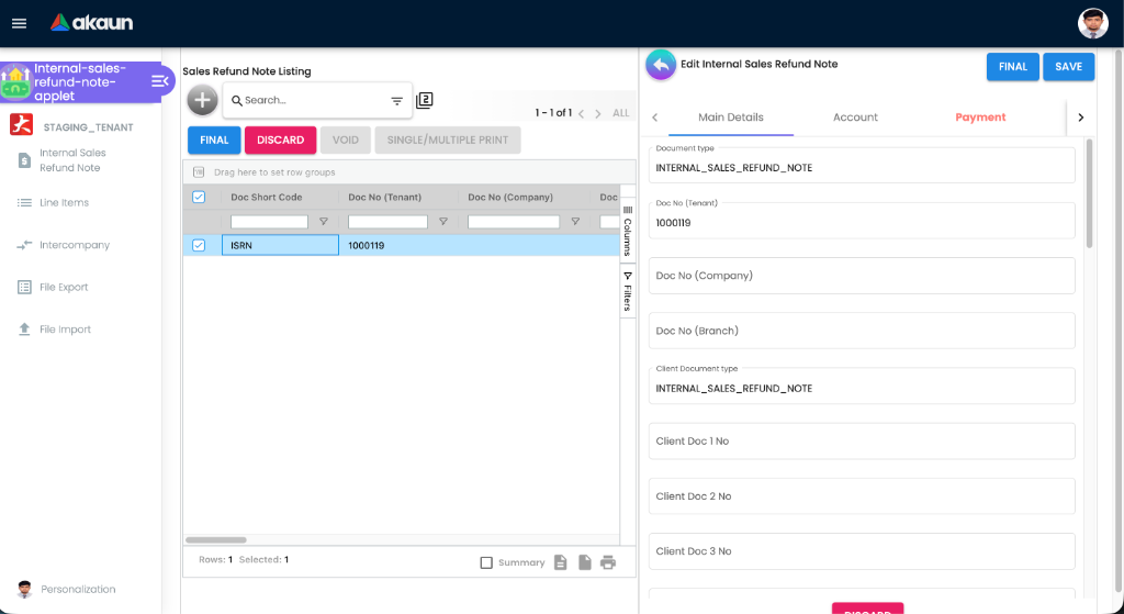 Sales Refund Note Applet Workspace - showing the Sales Refund Note Listing grid and the Edit Internal Sales Refund Note workspace