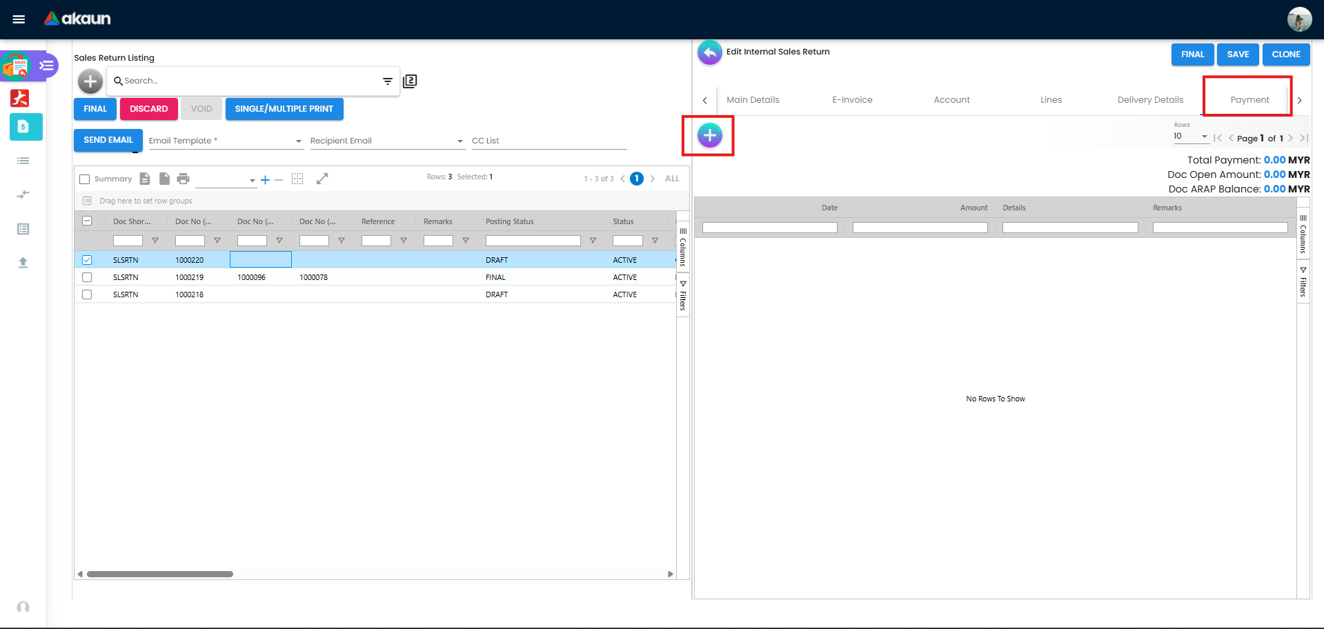 Finance Process Settlement - Payment Tab