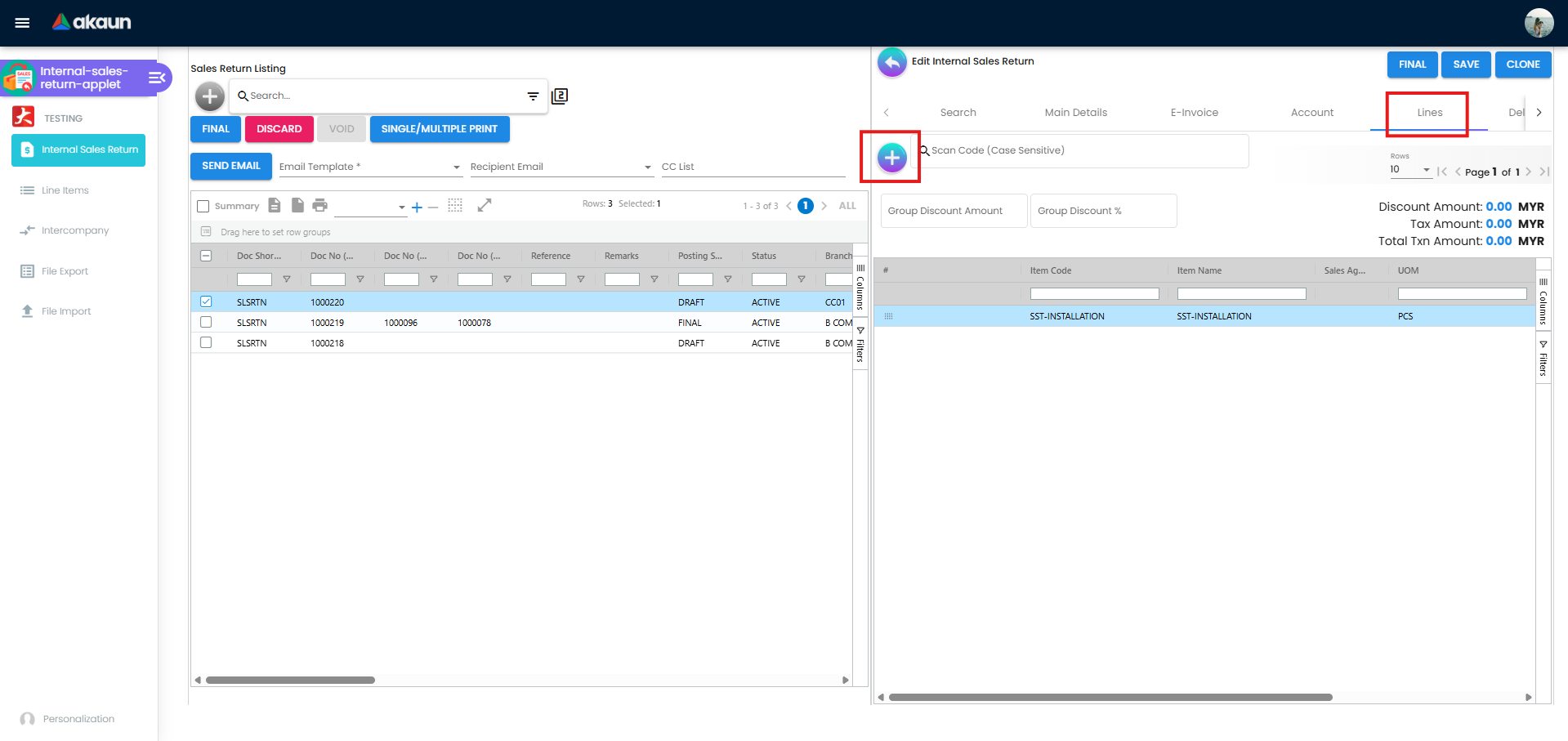 Lines Tab - showing plus button to add line items and existing items list