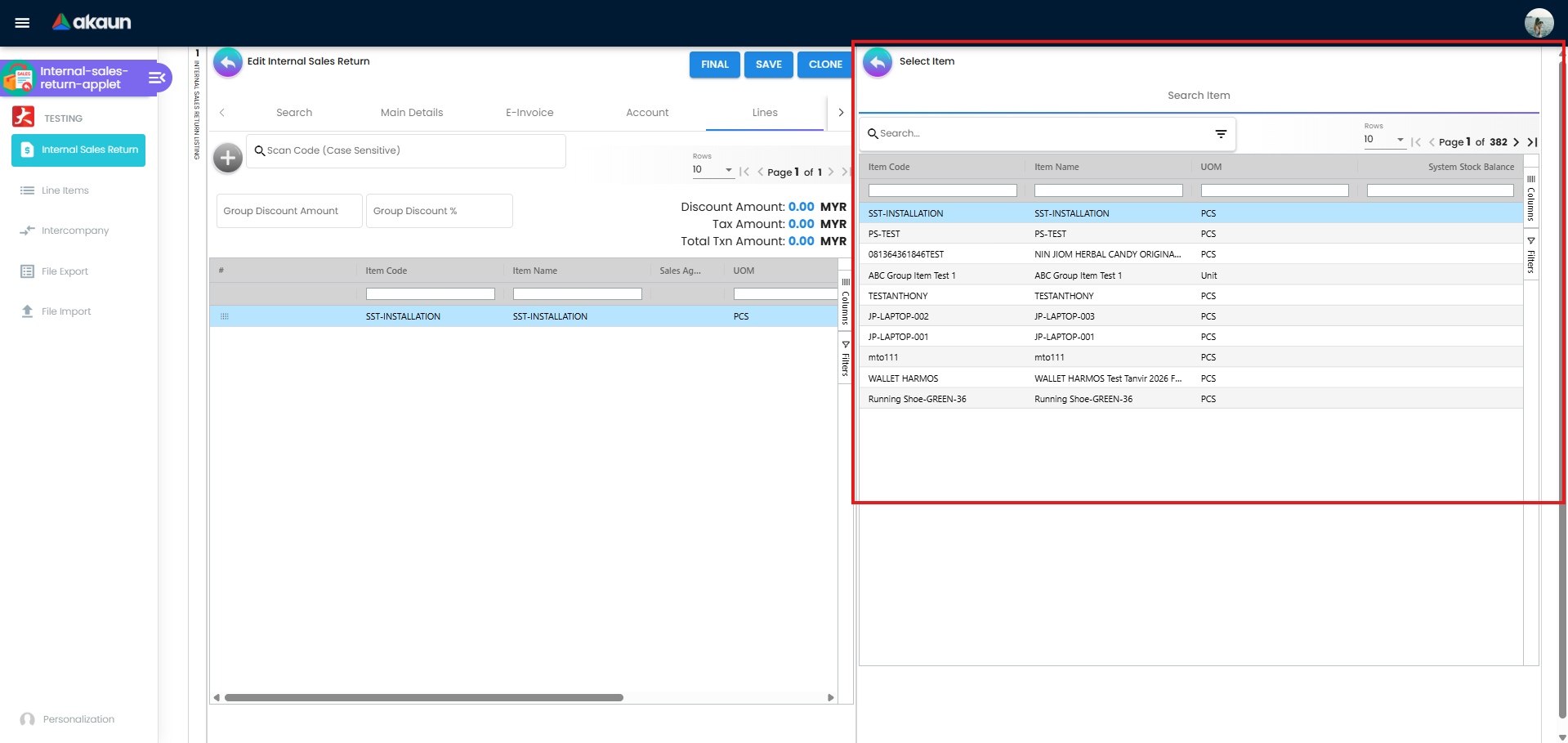 Select Item dialog - showing searchable list of items with Item Code, Item Name, and UOM columns