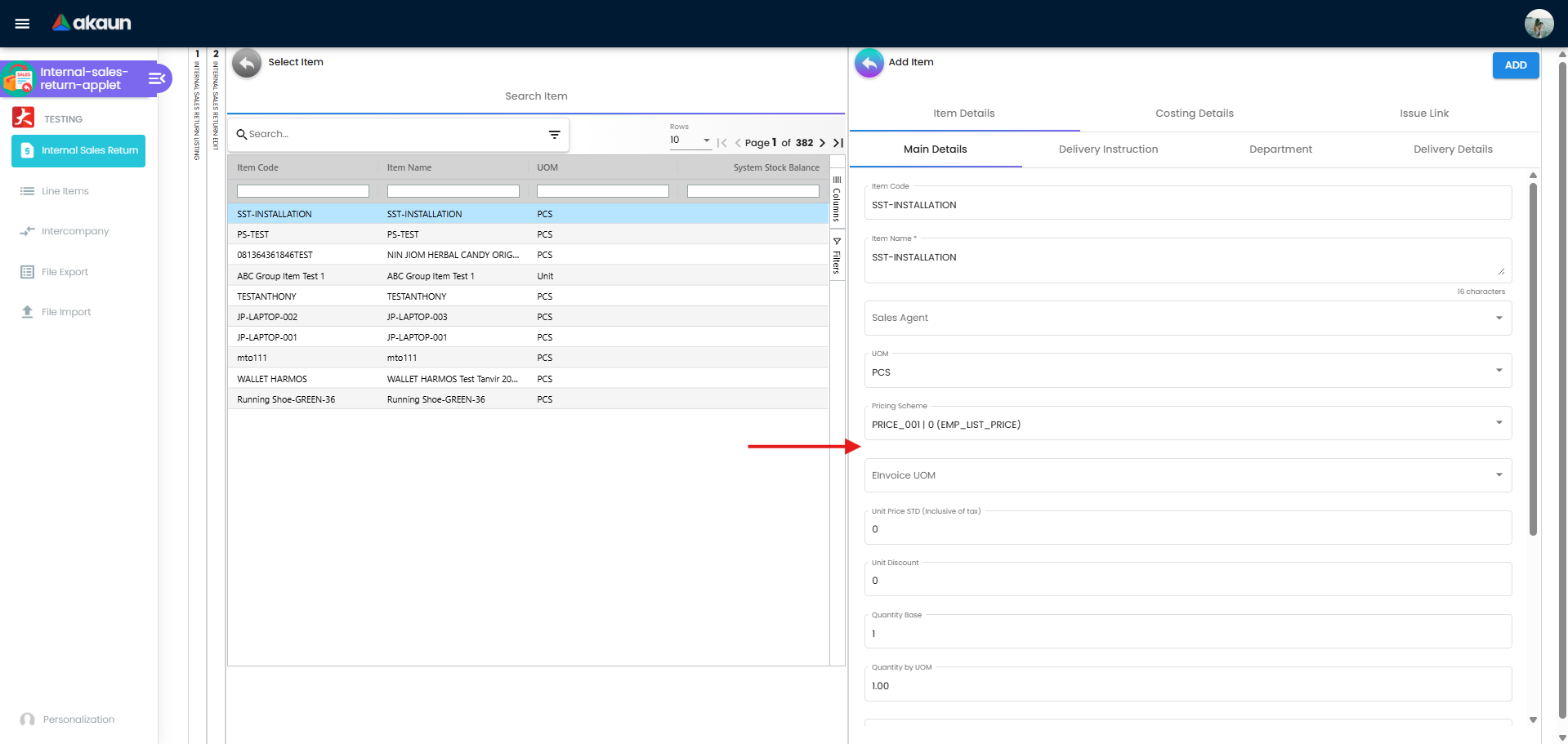 Add Item screen - Item Details showing Item Code, Item Name, Sales Agent, UOM, Pricing Scheme, Unit Price, and Quantity fields