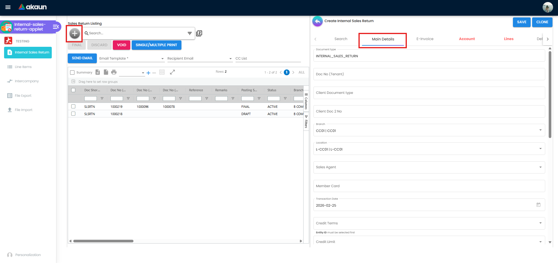 Main Details Tab - showing Branch, Location, Transaction Date, and other header fields