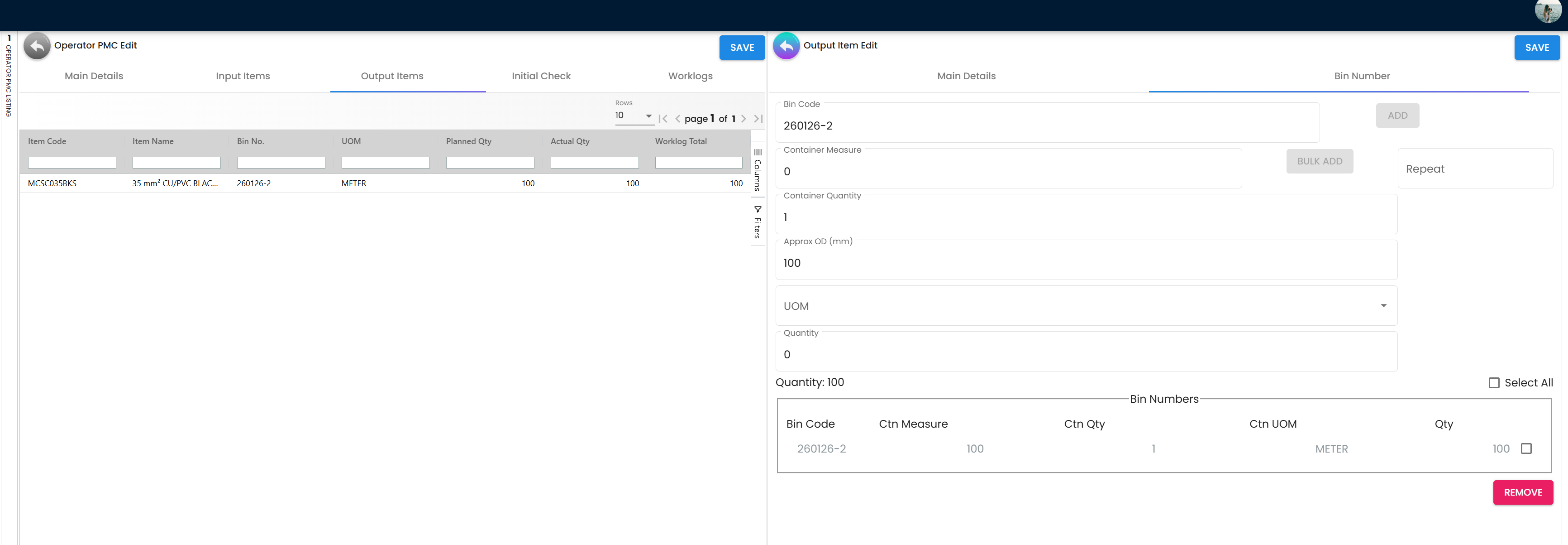 Operator PMC Input Item Bin Number Update