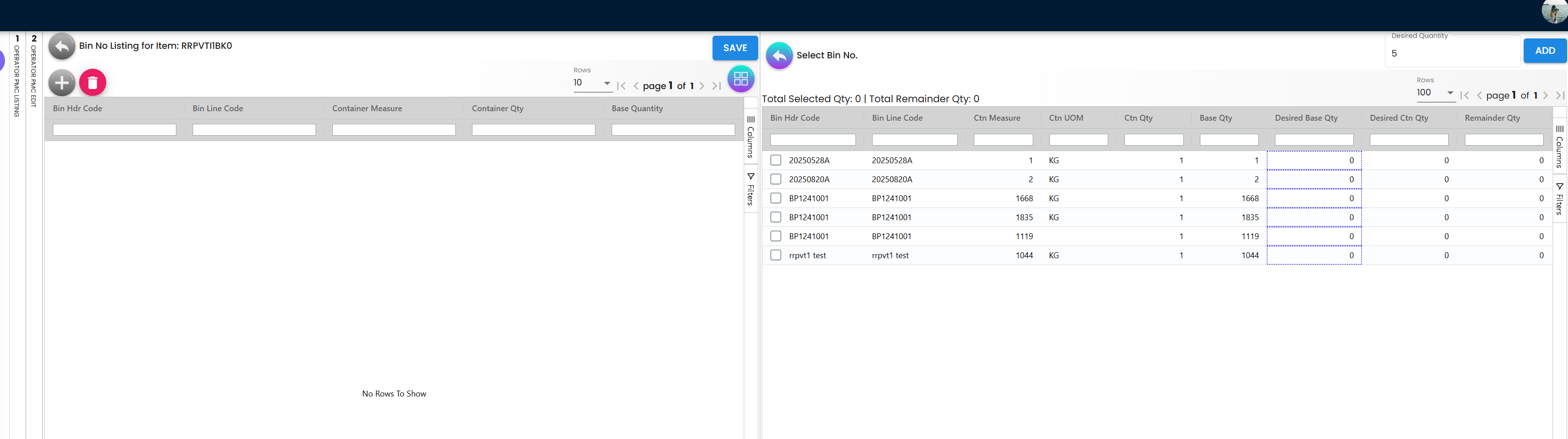 Operator PMC Input Item Bin Selection