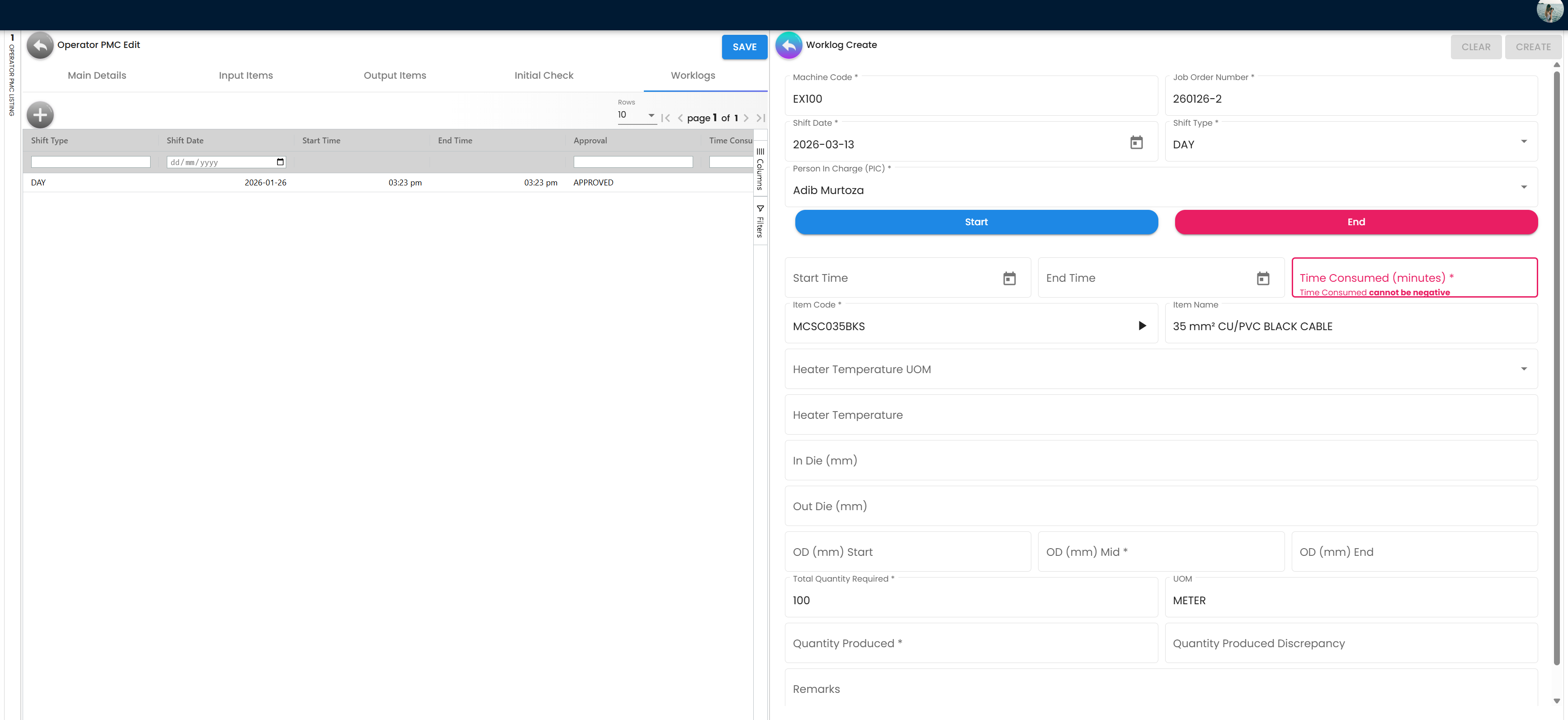 Operator PMC Worklog Creation
