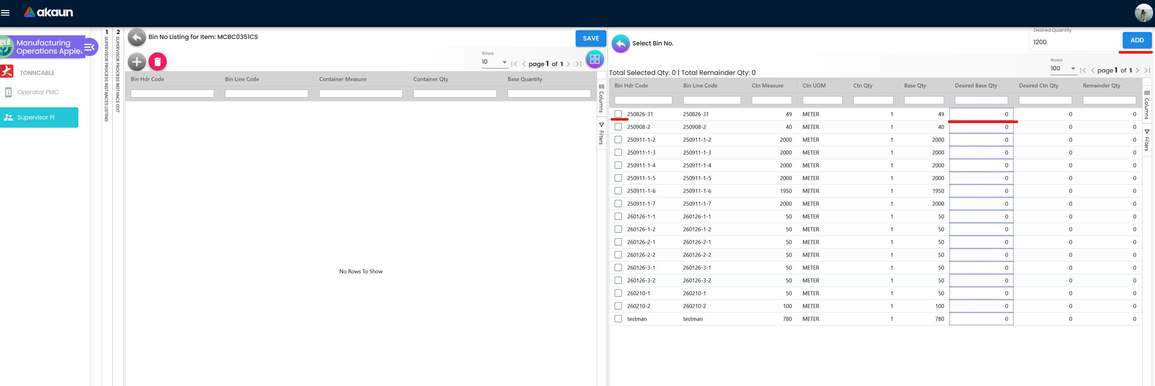 Supervisor PI Input Items Select Bin