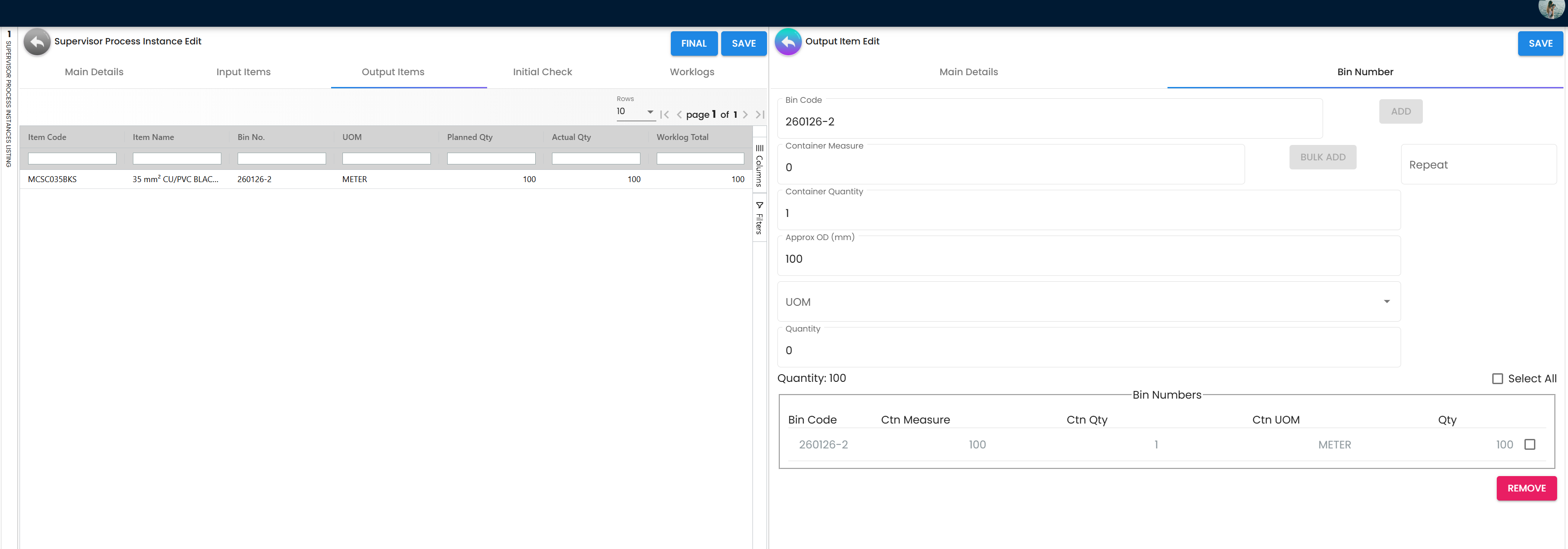 Supervisor PI Output Items Bin Number