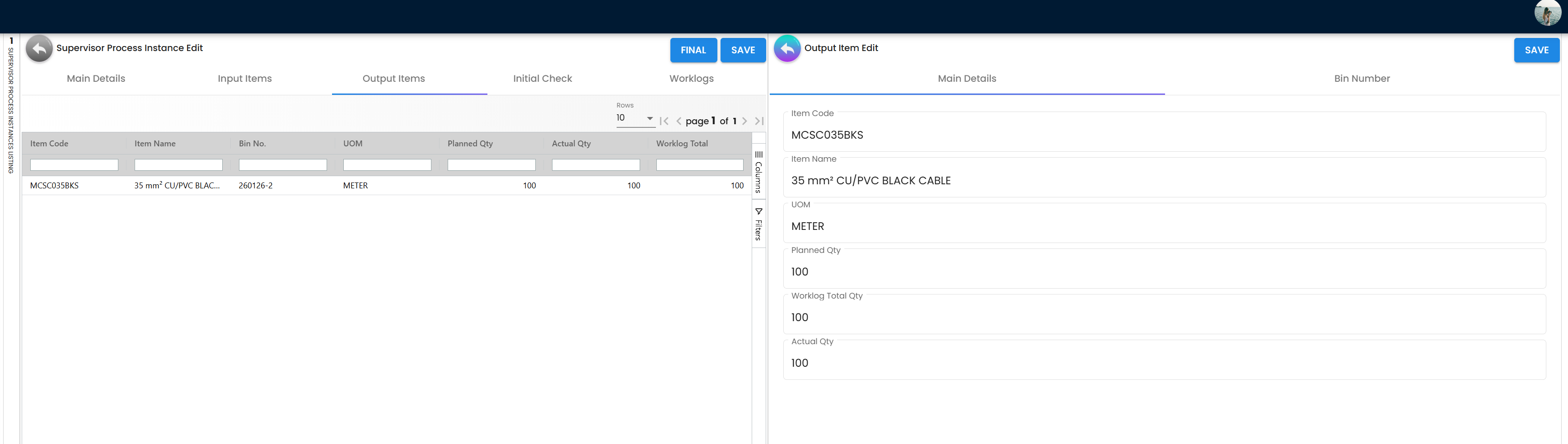 Supervisor PI Output Items Main Details