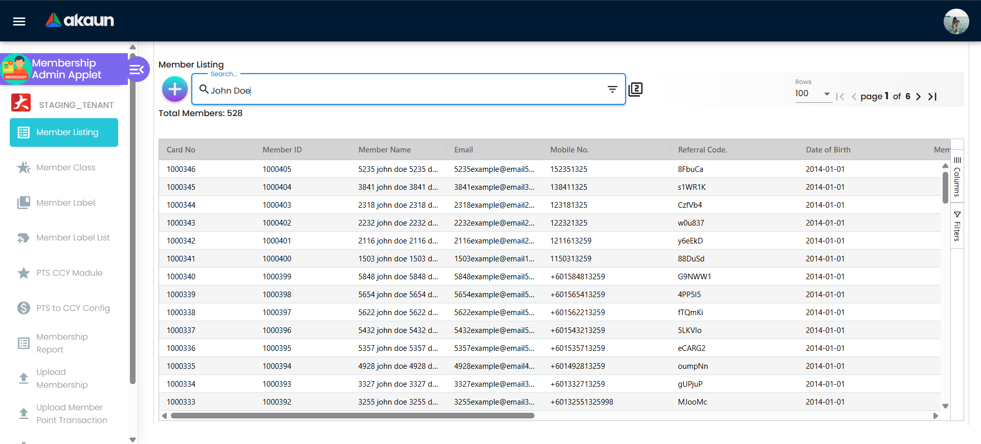 Member Listing page showing the search bar at the top, the Create (add) button on the left, total member count, and an ag-grid table listing member records