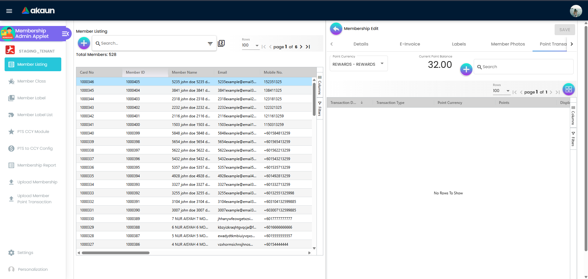 Member Profile page showing the Transaction History tab with a table of point movements, including Date, Transaction Type, Point Currency, Points (Earned/Redeemed), Remark, and Source