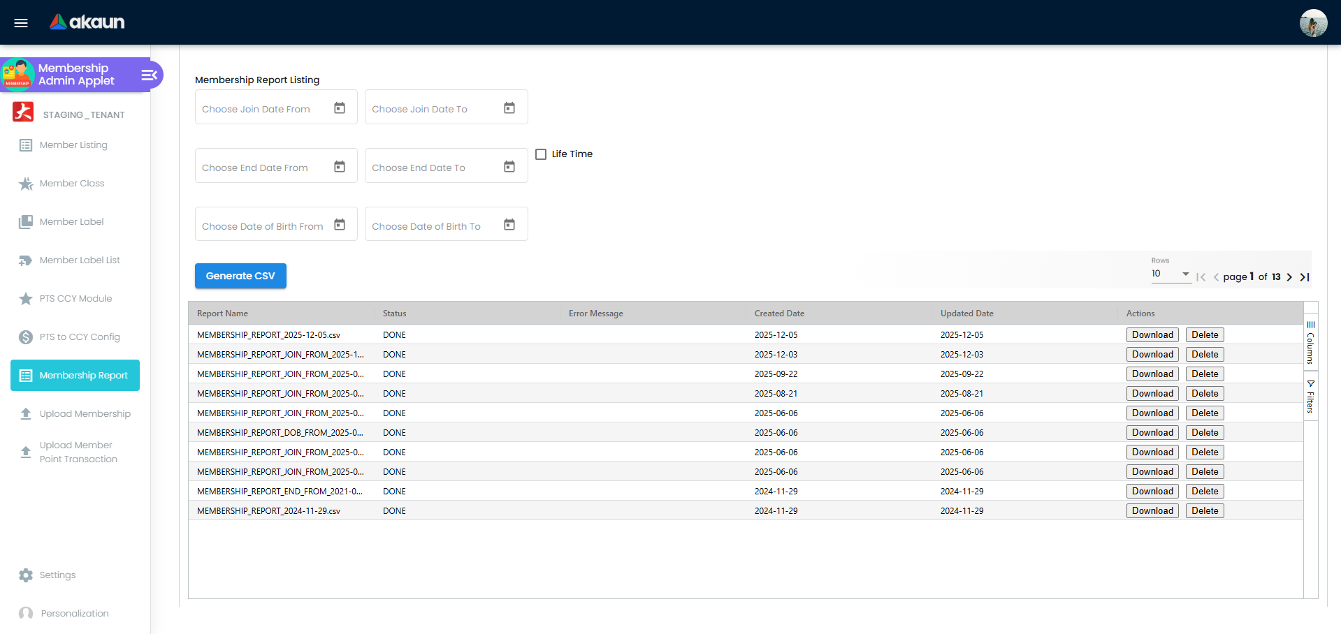 Membership Report page showing the date range filters (Join Date From/To) and the Generate CSV button at the top