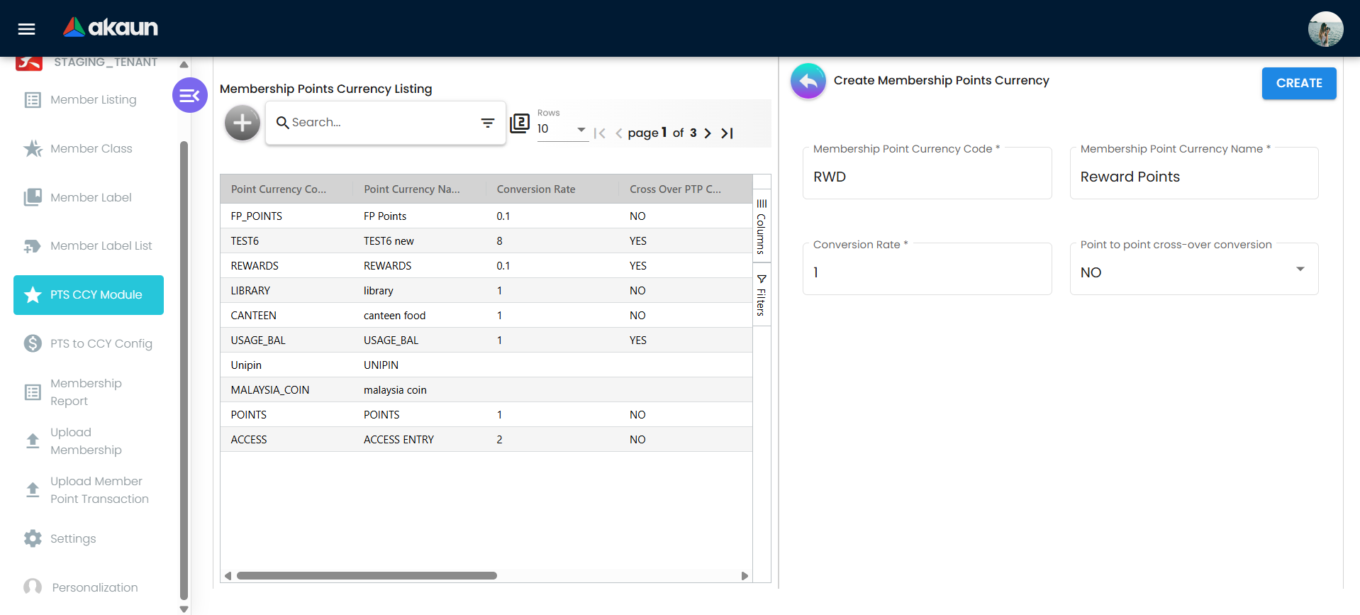 Create Membership Points Currency form showing fields: Membership Point Currency Code (e.g. RWD), Membership Point Currency Name (e.g. Reward Points), Conversion Rate, and Point to point cross-over conversion, with CREATE button