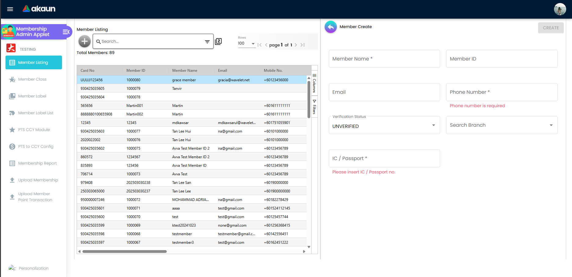 Member Create form opened from Member Listing with required fields such as Member Name, Phone Number, and IC or Passport