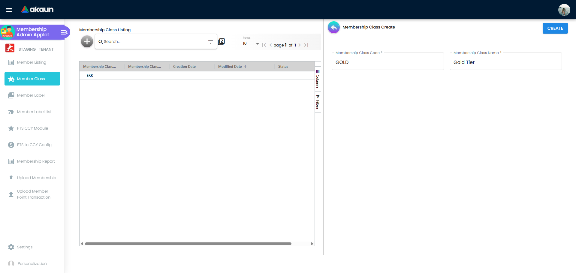 Membership Class Create form showing fields for Membership Class Code (GOLD) and Membership Class Name (Gold Tier) with a CREATE button at the top right