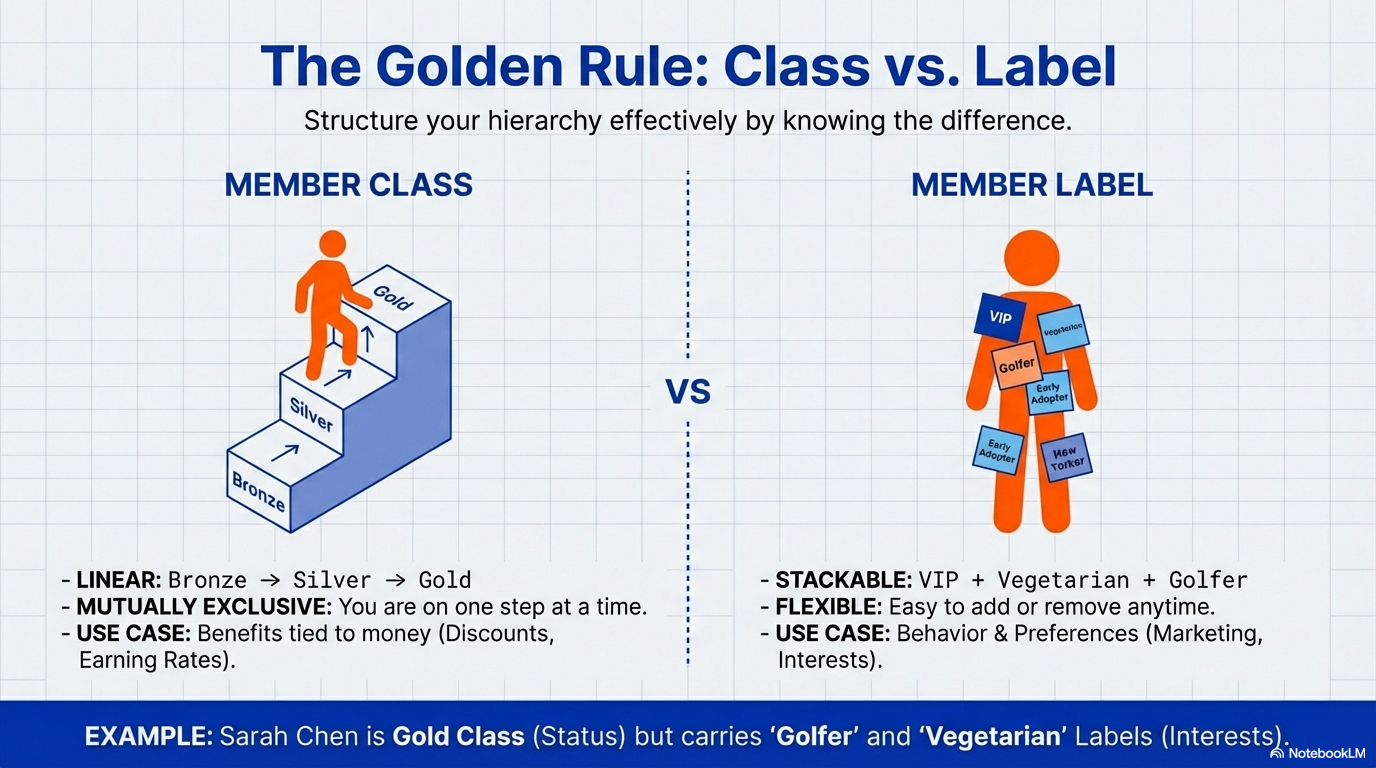 The Golden Rule: Class vs. Label - showing Member Class as linear hierarchy (Bronze to Silver to Gold, mutually exclusive, tied to benefits) versus Member Label as stackable tags (VIP, Vegetarian, Golfer - flexible, many per member, tied to marketing)