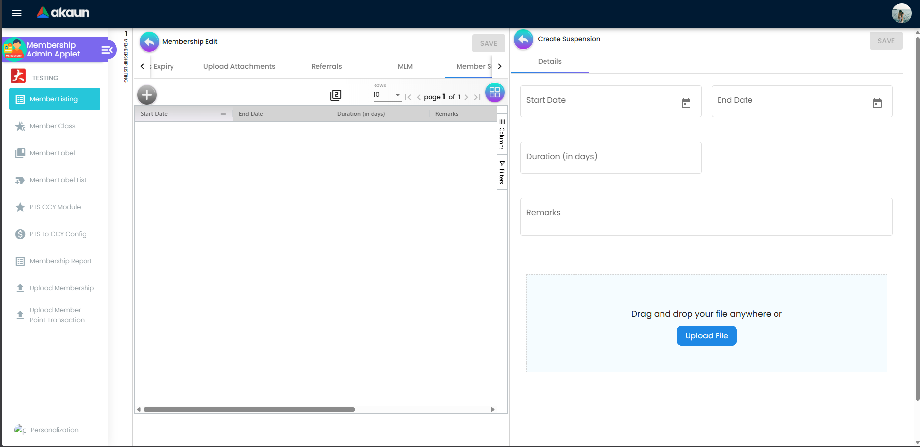 Member Suspension tab with Create Suspension form showing Start Date, End Date, Duration, and Remarks