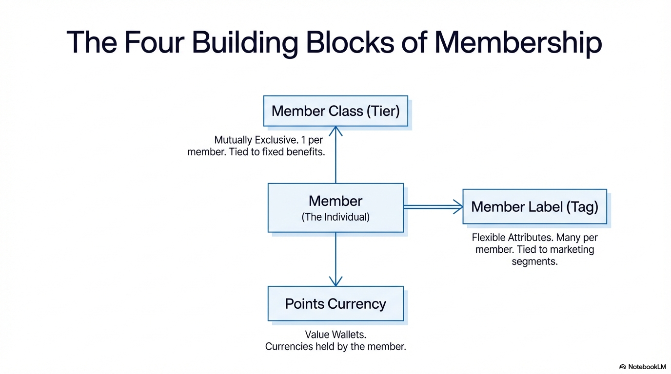 The Four Building Blocks of Membership: Member (Individual), Member Class (Tier), Member Label (Tag), and Points Currency shown in a hierarchical diagram