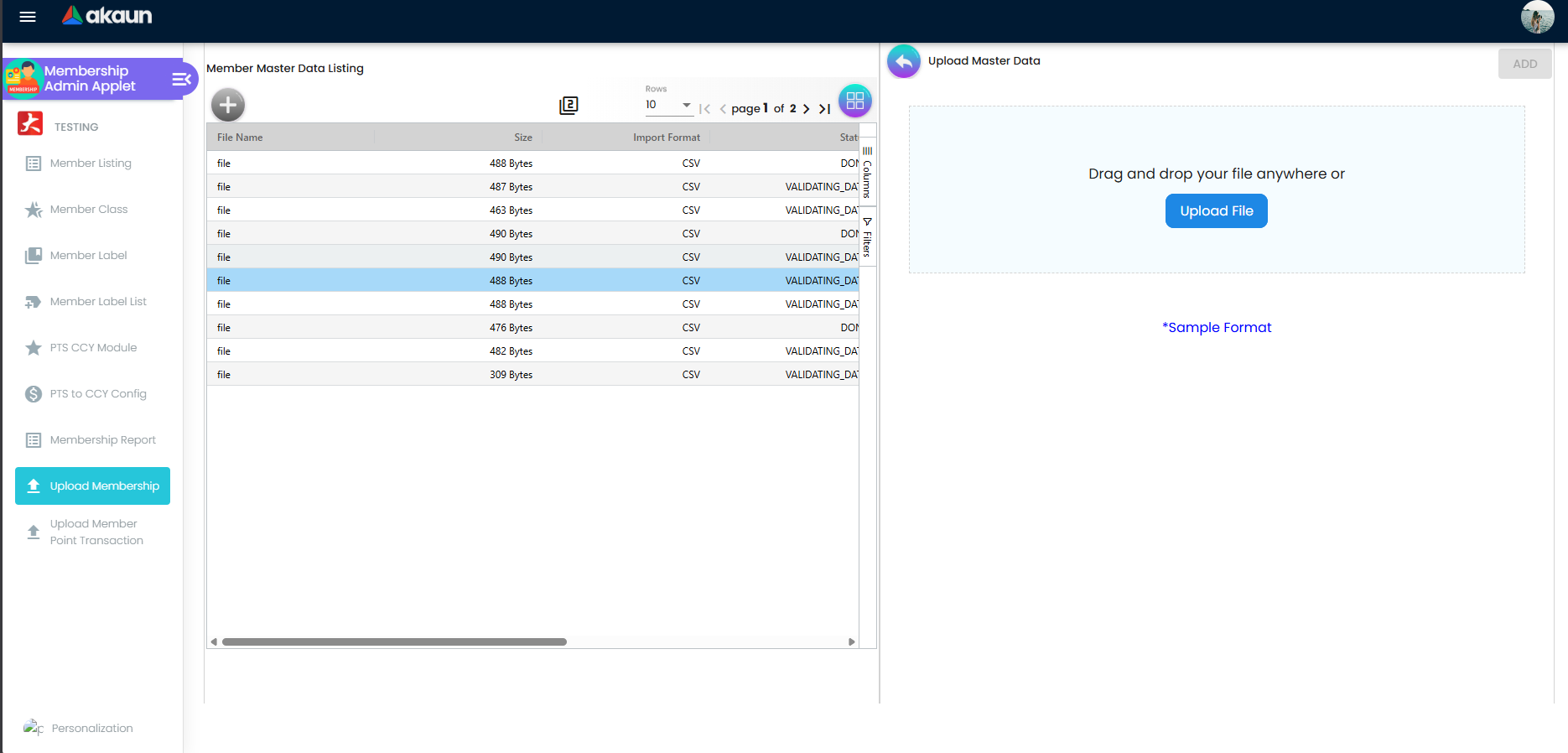 Upload Master Data screen with Sample Format link, Upload File, and ADD button beside Member Master Data Listing